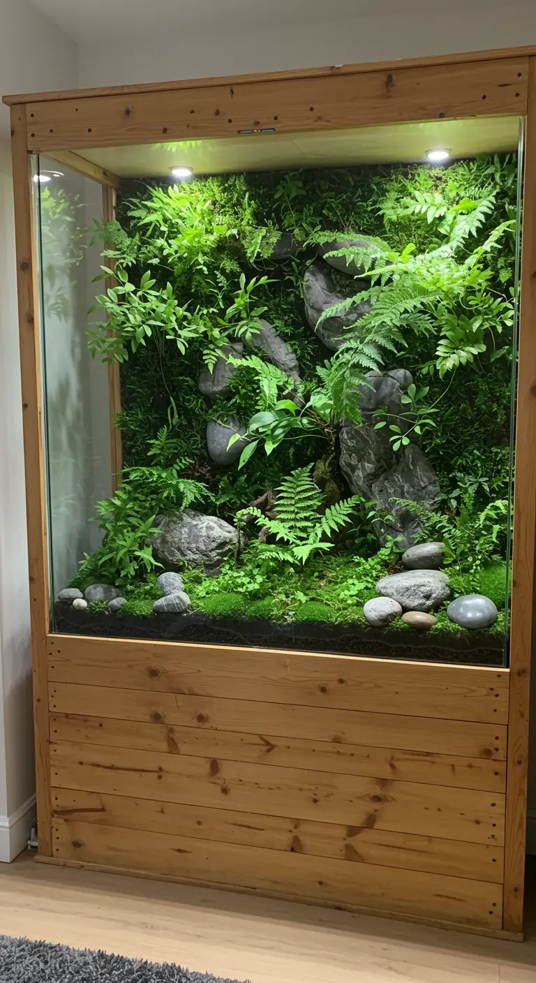 Grand terrarium vertical en bois clair avec une riche végétation de fougères, plantes et rochers.