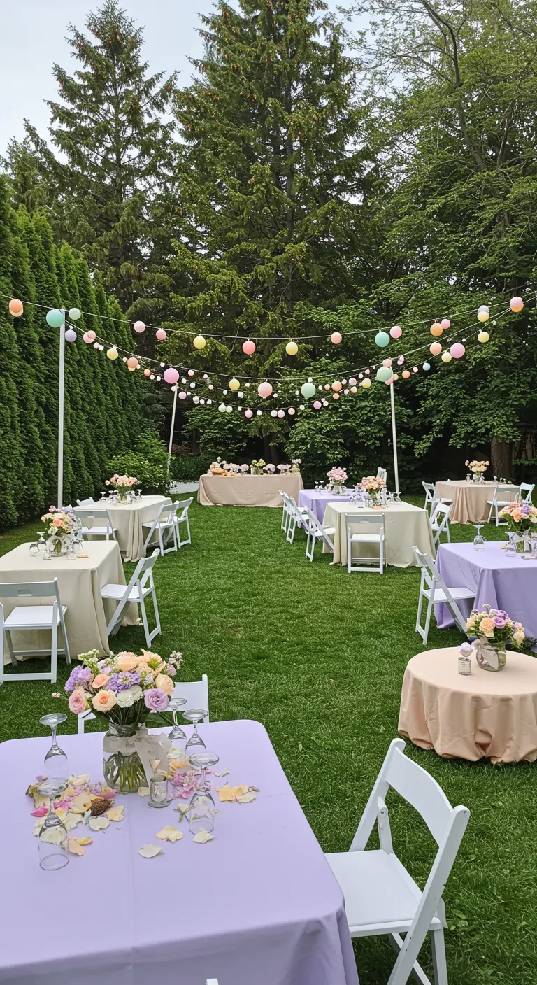 Garden-party avec des tables aux nappes pastel et des lampions colorés suspendus.