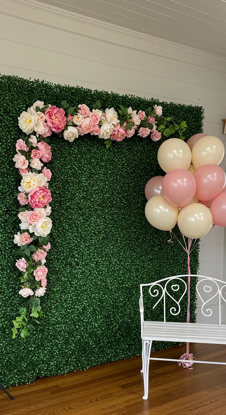 Photobooth avec mur végétal, guirlande de fleurs roses et blanches, et un banc en fer forgé.