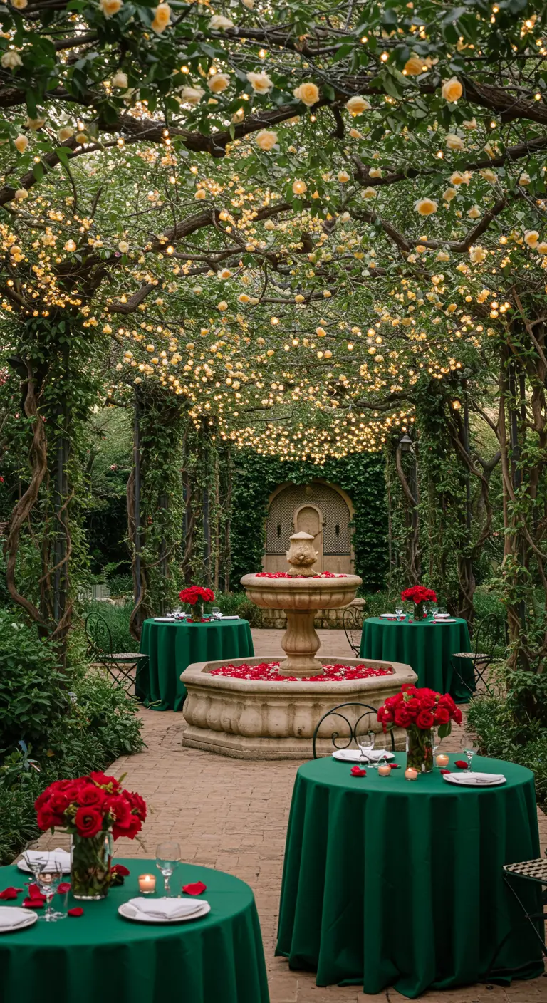 Jardin luxuriant avec une fontaine, des guirlandes lumineuses et des tables dressées.