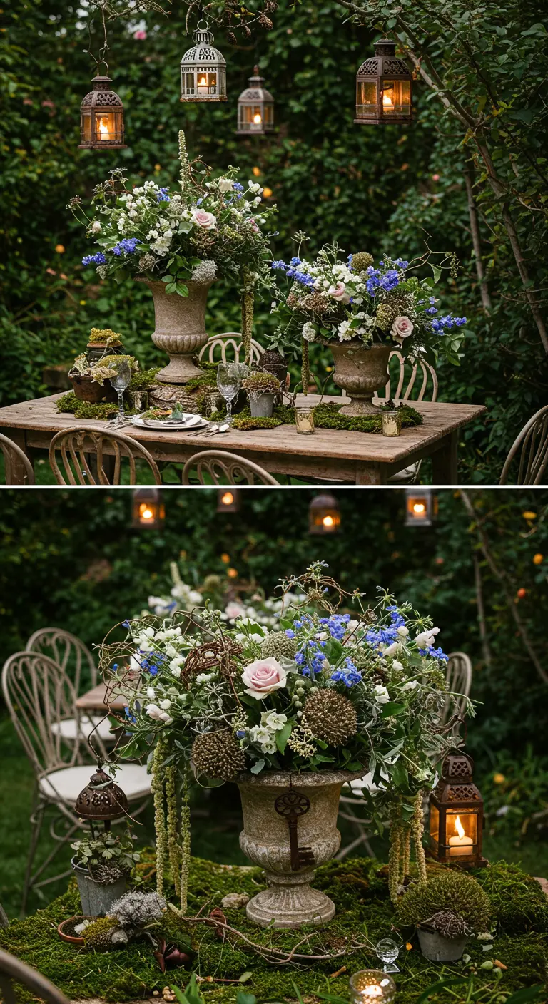 Grand bouquet de fleurs sauvages dans une urne en pierre, dans un jardin luxuriant.