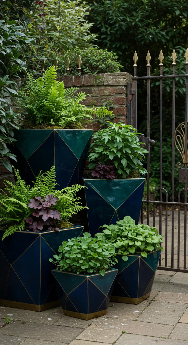 Pots géométriques bleu foncé et vert émeraude avec accents dorés et plantes variées