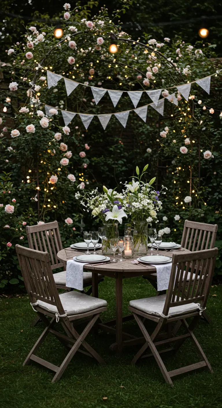 Table de dîner romantique sous une arche de rosiers grimpants illuminée par des guirlandes lumineuses et des fanions.