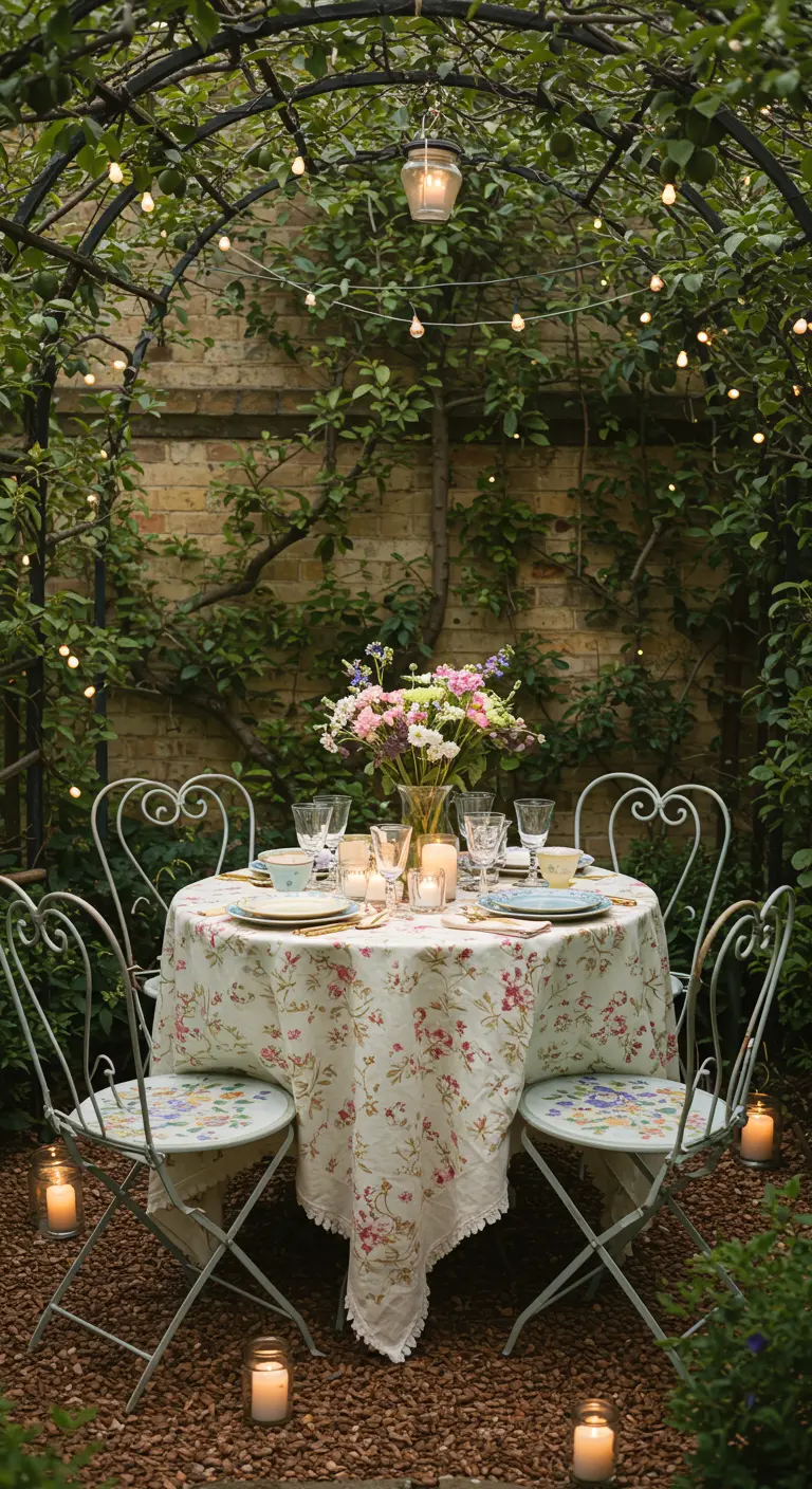 Table bistro romantique sous une arche de verdure illuminée de guirlandes et bougies.