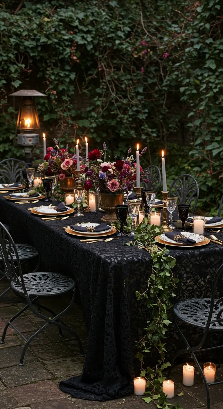 Table de dîner en extérieur avec nappe en dentelle noire et lierre rampant.