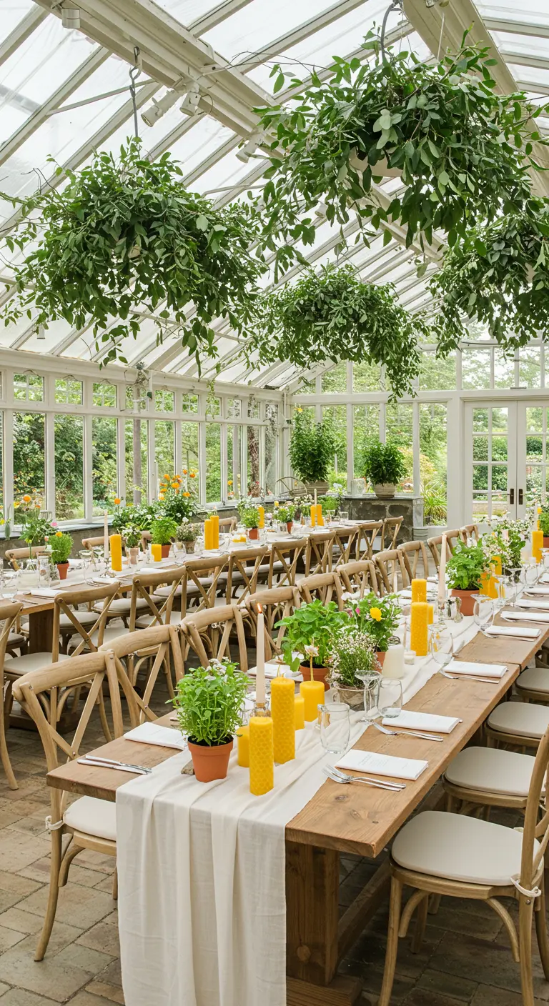 Grande serre avec longues tables en bois, herbes aromatiques en pots, bougies jaunes et feuillage suspendu.