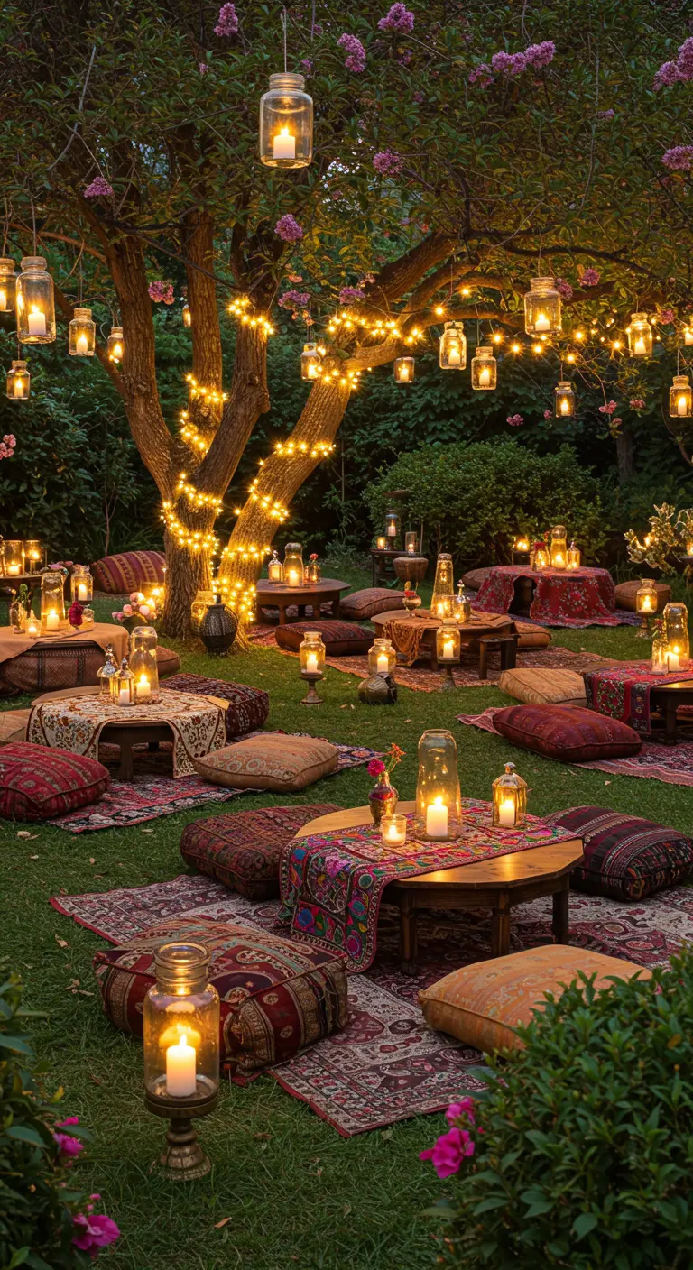 Jardin la nuit éclairé par des guirlandes et des bougies dans des bocaux suspendus.