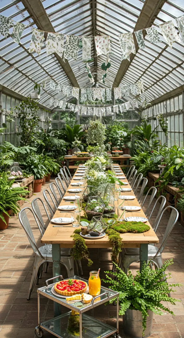 Fête dans une serre luxuriante avec longue table, terrariums et guirlandes en tissu.
