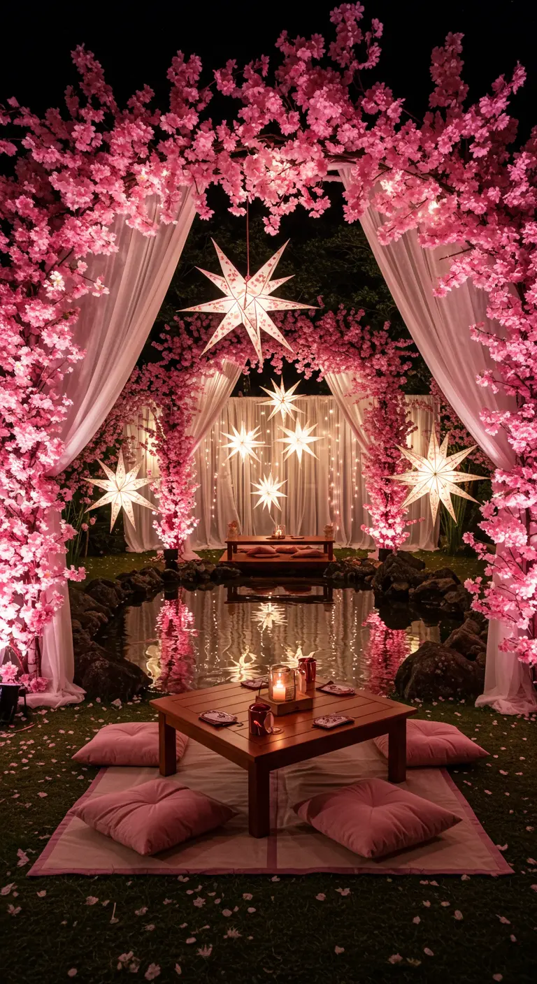 Jardin décoré de fleurs de cerisier roses, d'étoiles lumineuses et d'un bassin miroitant.