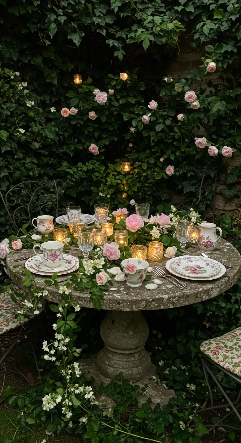 Table de jardin en pierre envahie par le lierre et les roses, avec de la vaisselle florale.