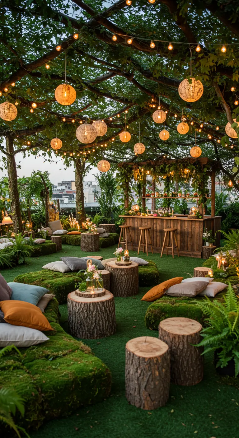 Rooftop paysager avec gazon, rondins de bois, coussins, guirlandes et lampions, bar en bois.