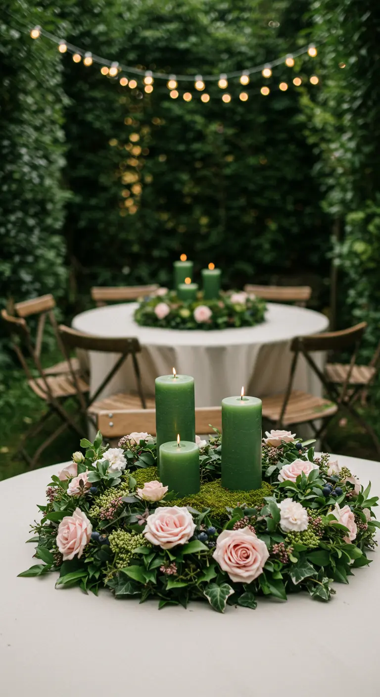 Centre de table rond avec de la mousse, des roses roses et des bougies vertes