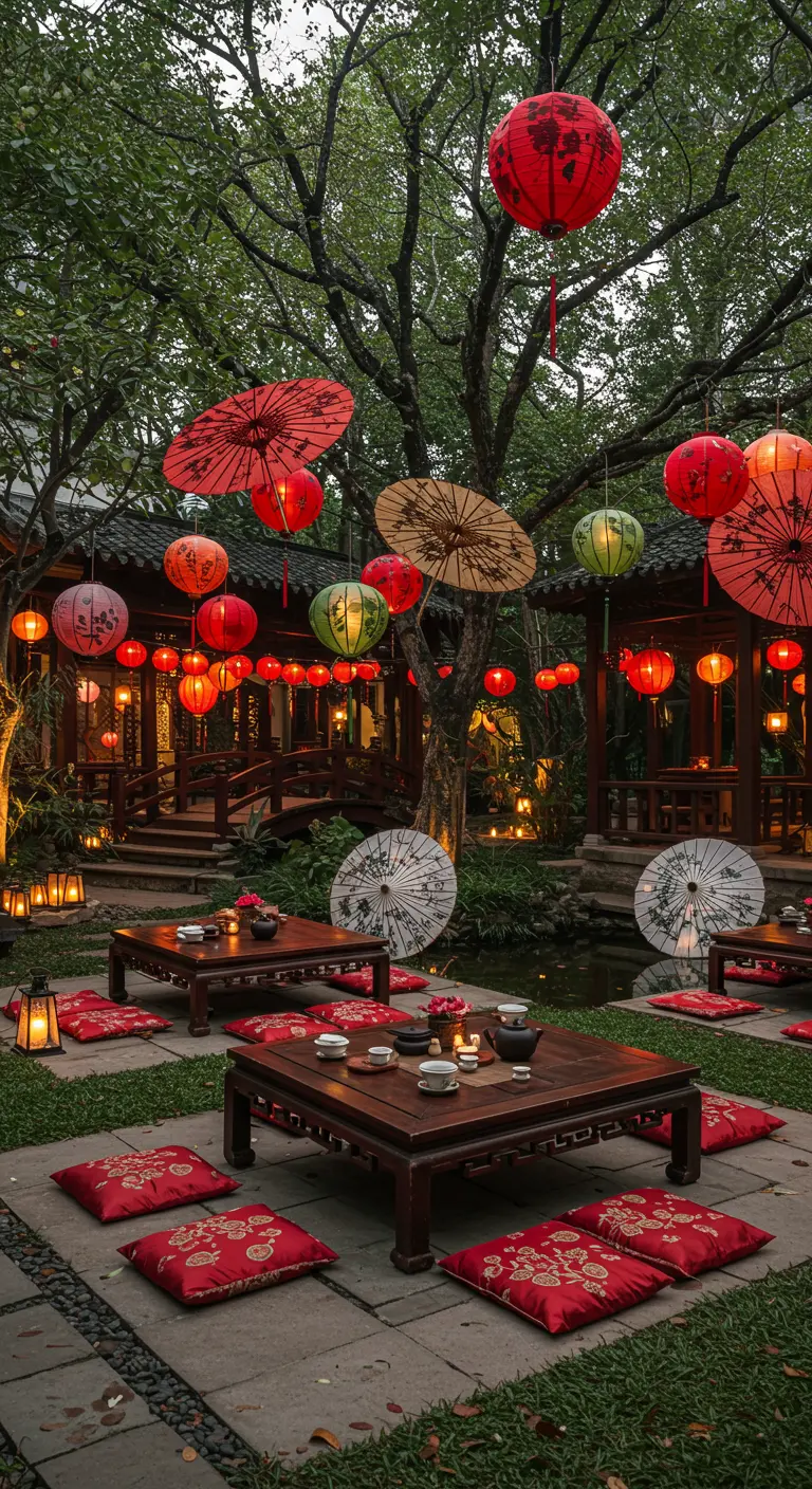 Jardin asiatique secret avec tables basses en bois, coussins rouges, lampions et ombrées suspendues près d'un bassin.