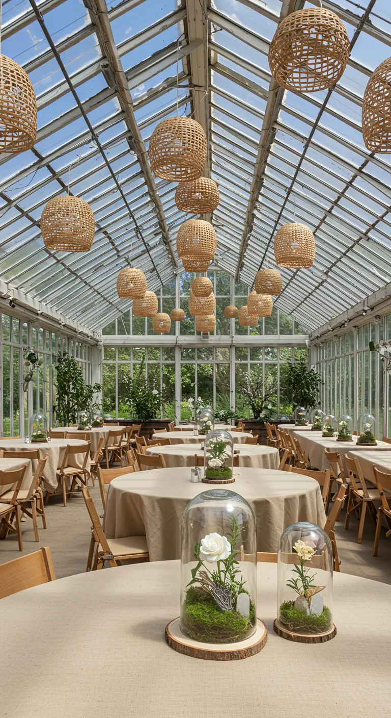 Centre de table avec une rose blanche sous une cloche en verre, dans une serre lumineuse.