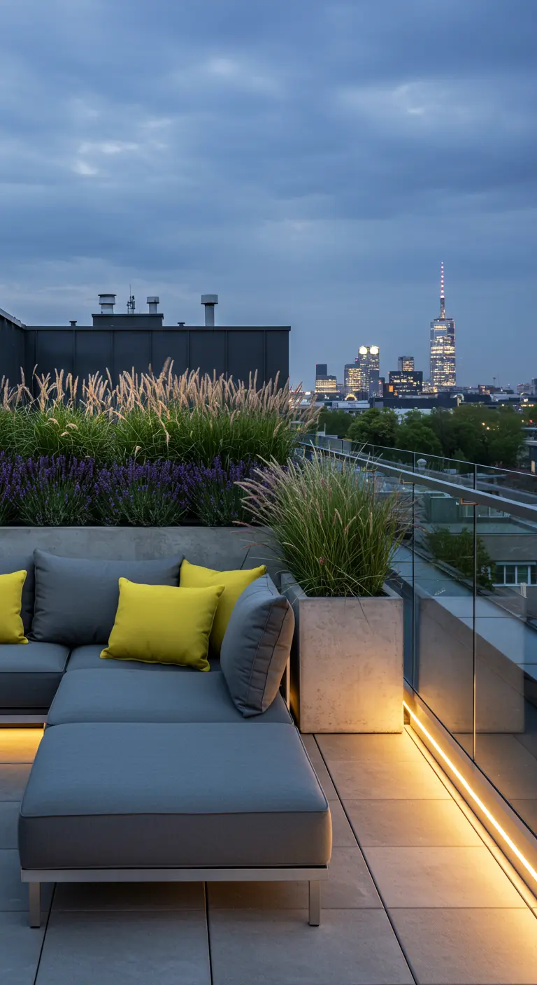 Rooftop moderne avec graminées, lavande et éclairage LED intégré.