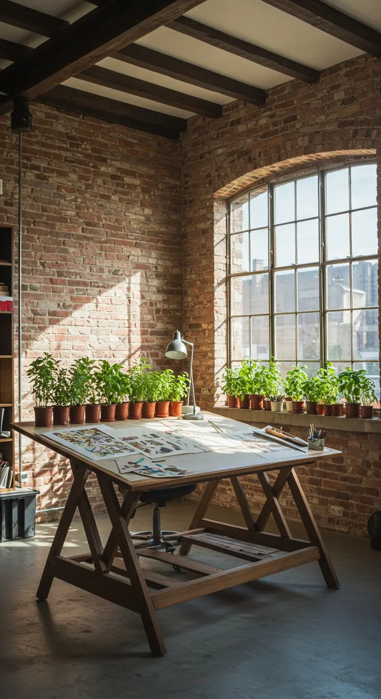 Grand bureau d'architecte en bois dans un loft en briques, avec une rangée de pots de basilic.