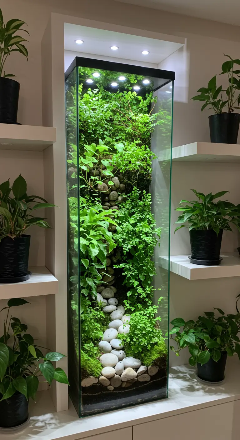 Grand terrarium vertical intégré dans un mur, rempli de fougères, plantes et galets blancs, éclairé par le haut.