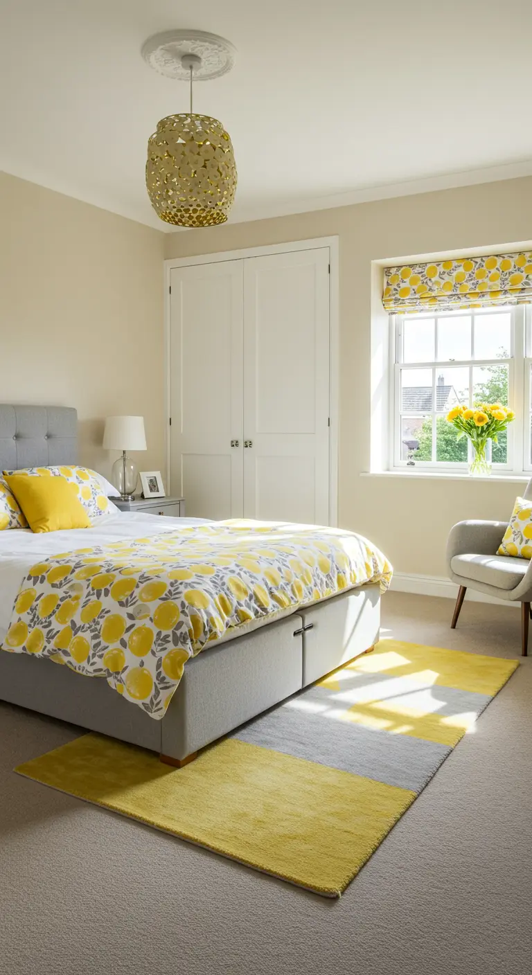 Chambre moderne avec un lit gris, du linge de lit à motifs jaunes et un tapis assorti.