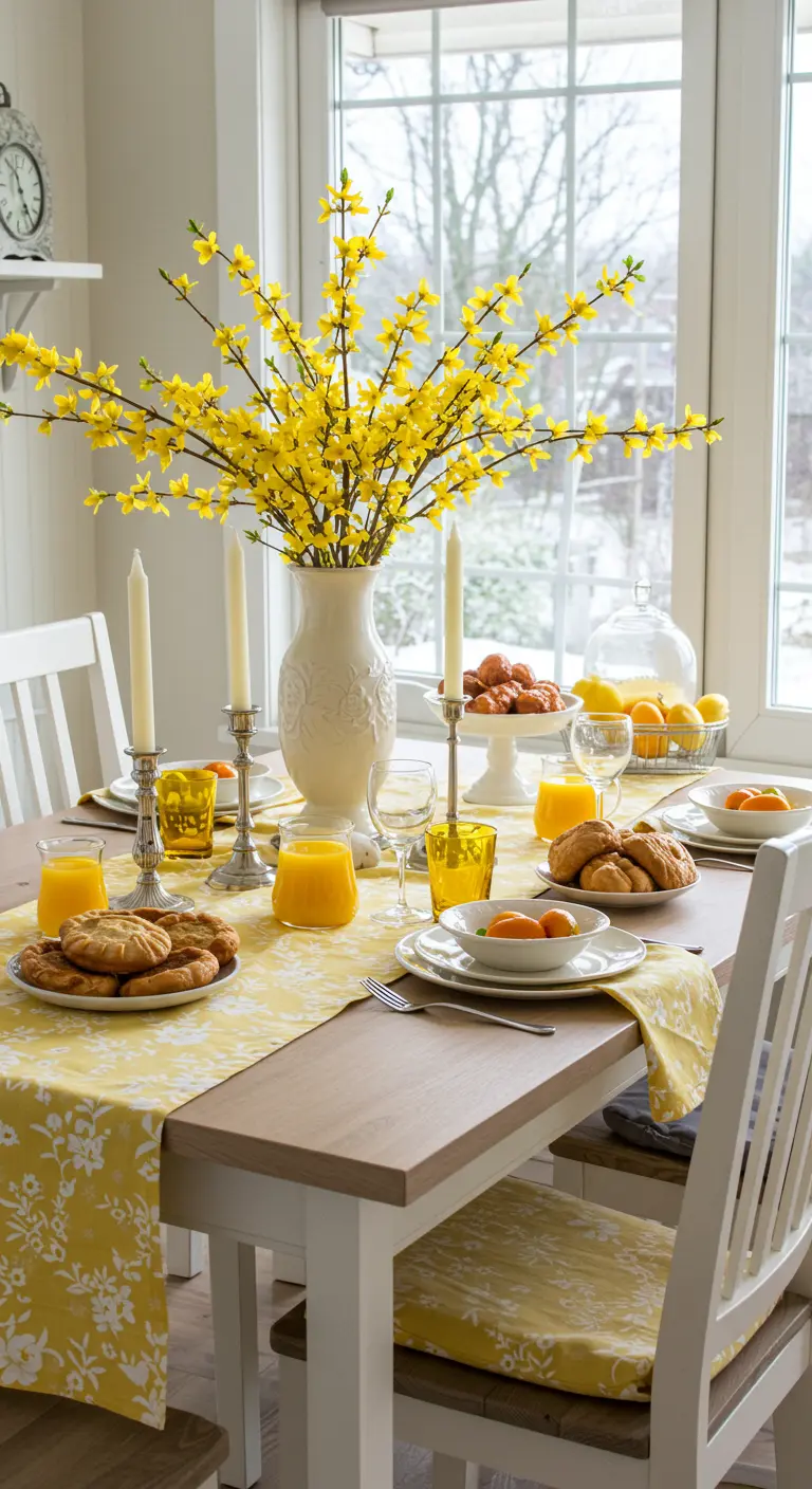 Table de brunch ensoleillée avec chemin de table à fleurs jaunes et forsythia.