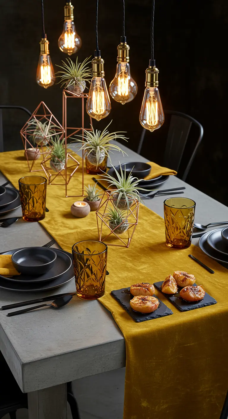 Table industrielle avec chemin de table jaune, plantes aériennes et ampoules Edison.