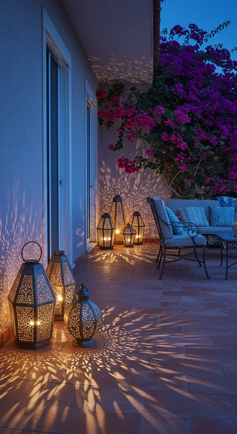 Terrasse méditerranéenne avec des lanternes orientales projetant des motifs lumineux et une bougainvillée.