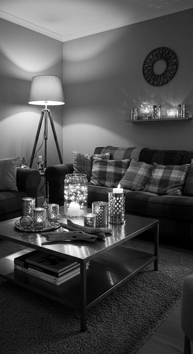 Photo en noir et blanc d'un salon avec des lumières dans un bocal et des lanternes.