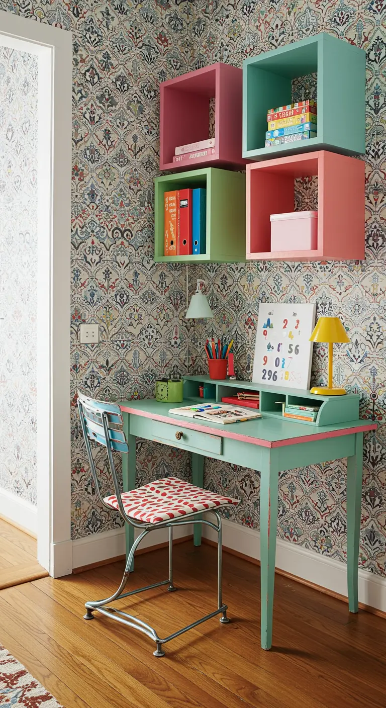 Bureau vintage vert d'eau et étagères cubes colorées sur un mur à motifs.