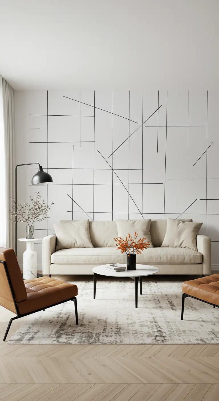 Mur blanc avec un motif de lignes noires fines et entrecroisées, style Mondrian.