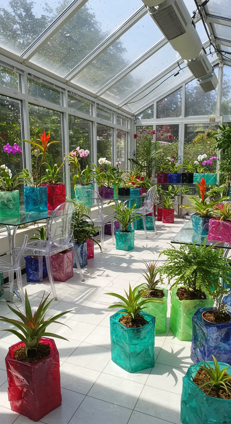 Serre moderne avec des pots carrés translucides et colorés (rouge, turquoise, vert, violet), garnis d'orchidées et plantes exotiques.