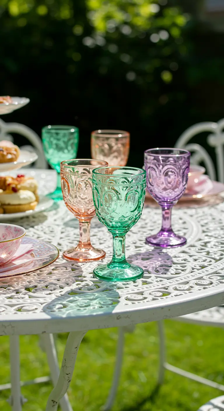 Verres colorés et ciselés de style vintage sur une table de jardin blanche et ensoleillée.