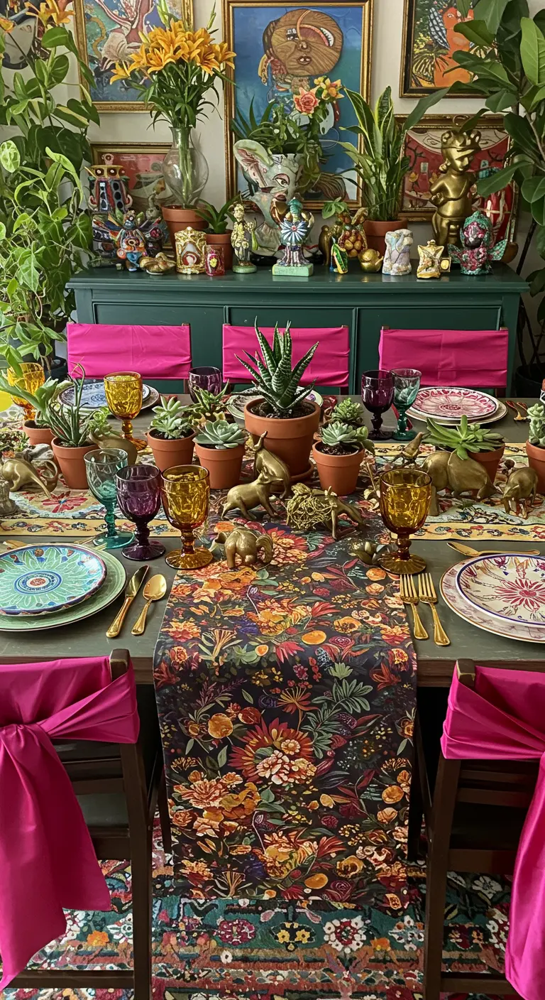 Table de fête maximaliste avec un chemin de table floral, des plantes et des figurines animales.