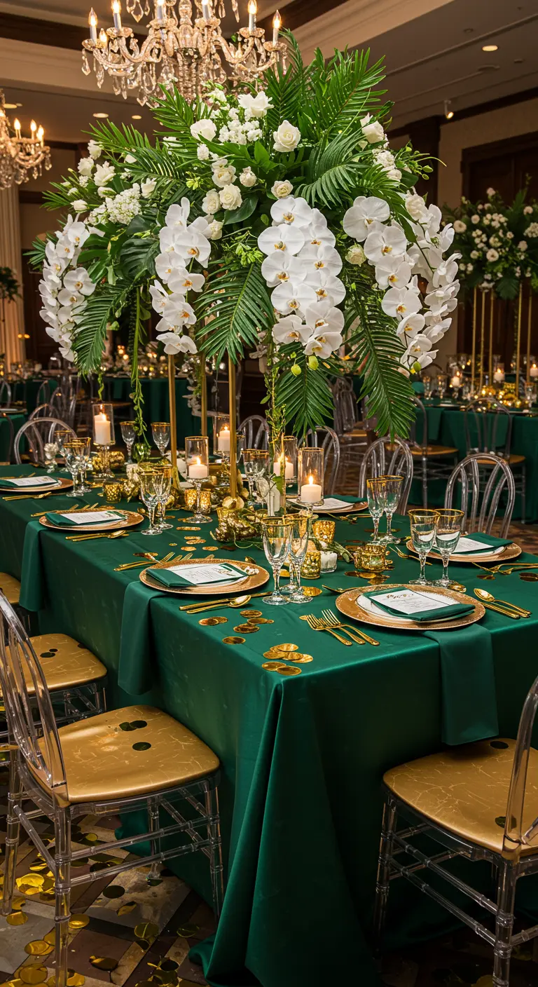 Table de fête vert émeraude et or avec un centre de table floral tropical opulent.