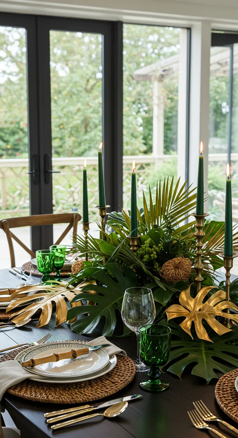 Table de fête sur le thème de la jungle avec des feuilles de monstera, des accents dorés et des bougies vertes.