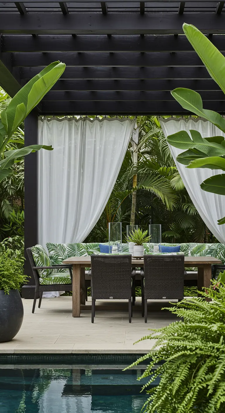 Pergola noire au bord d'une piscine, entourée de végétation tropicale