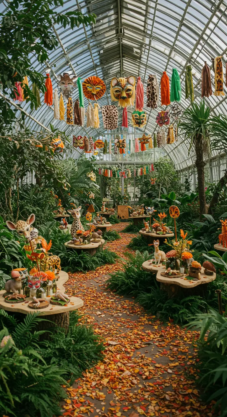 Serre luxuriante décorée de masques ethniques, animaux décoratifs et feuillages tropicaux.
