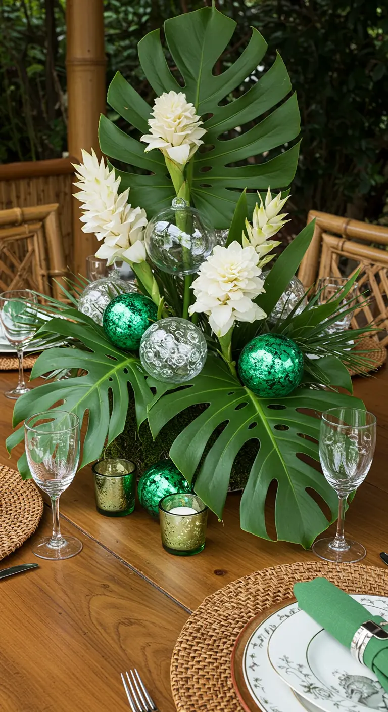 Centre de table tropical avec feuilles de Monstera, fleurs exotiques blanches et boules de Noël vertes.