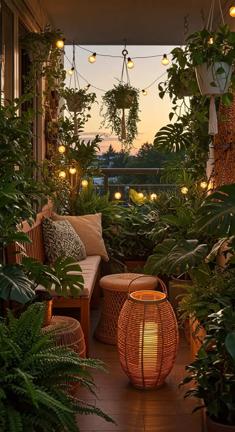 Balcon transformé en jungle luxuriante avec de nombreuses plantes et des lumières chaudes