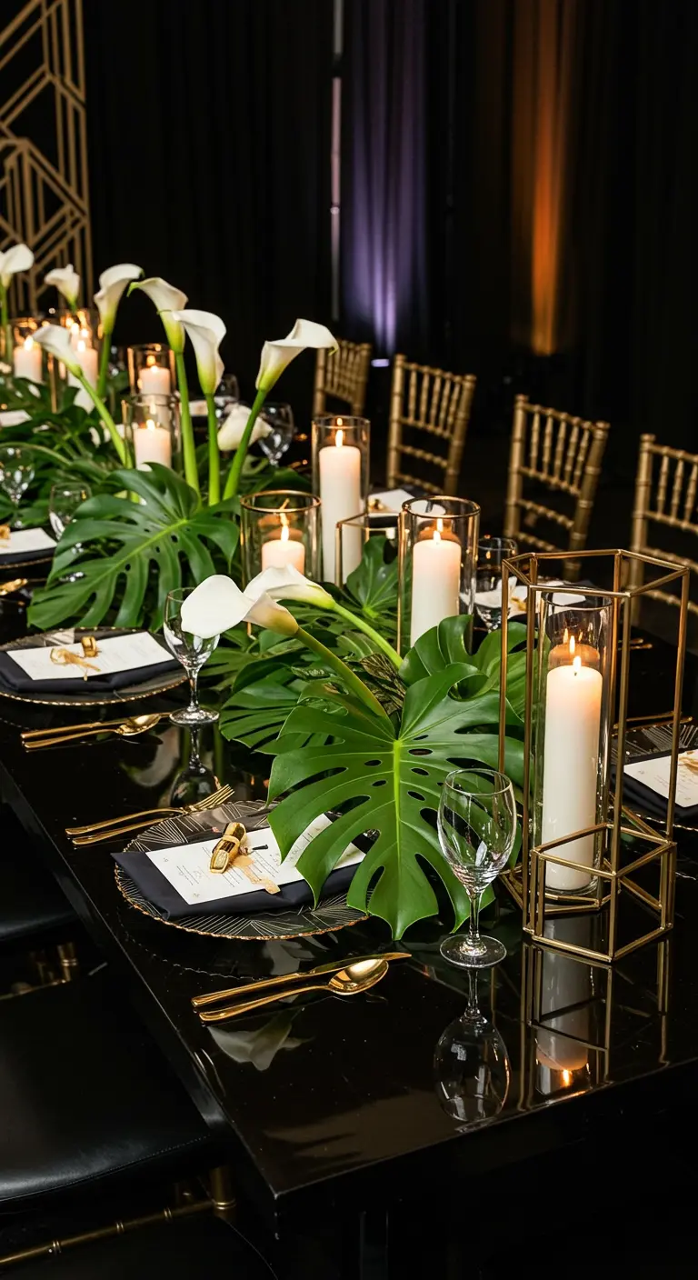 Table noire glamour avec feuilles de monstera, arums blancs et photophores dorés.