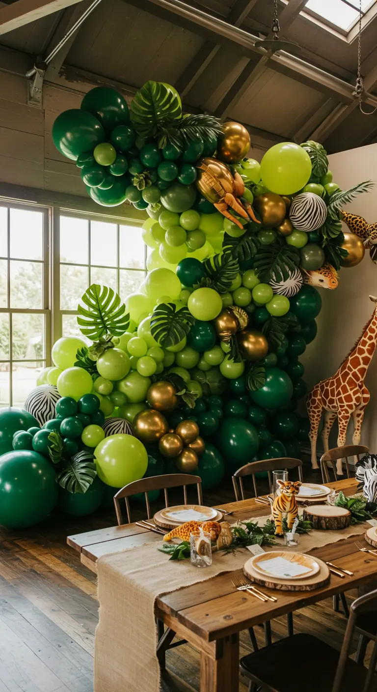 Arche de ballons jungle avec des feuilles tropicales et des touches dorées.