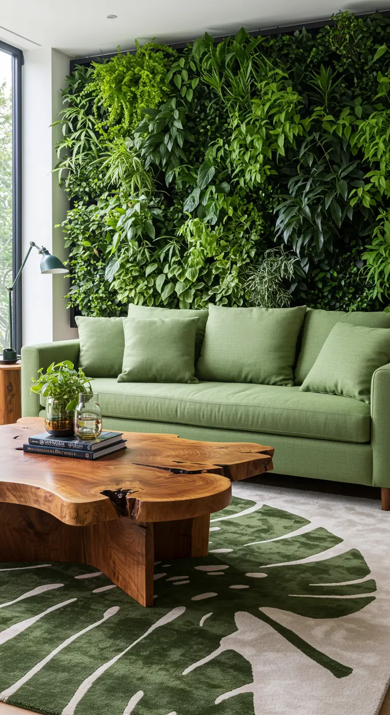 Salon avec un grand mur végétal, un canapé vert et une table basse en bois brut.