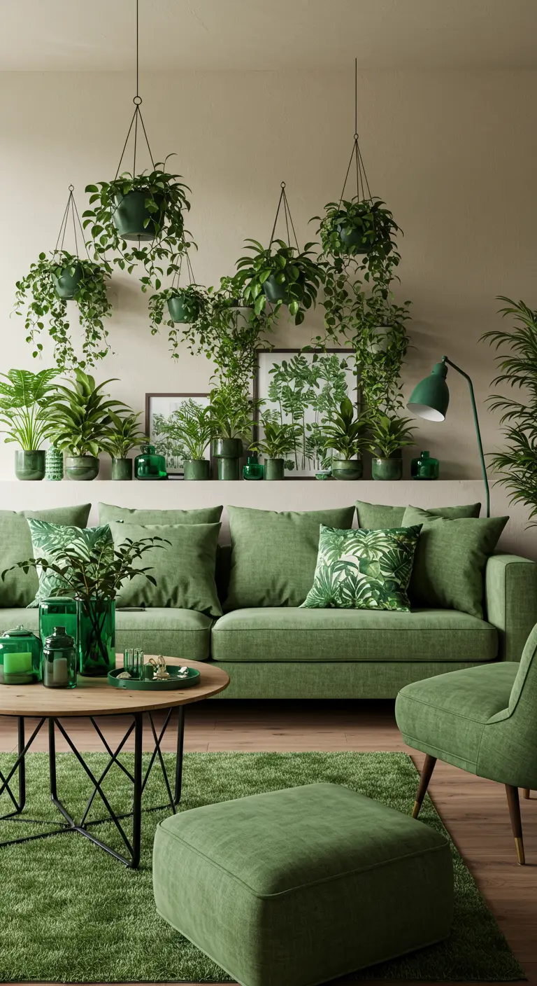 Salon vert avec canapé vert, coussins verts et nombreuses plantes d'intérieur.