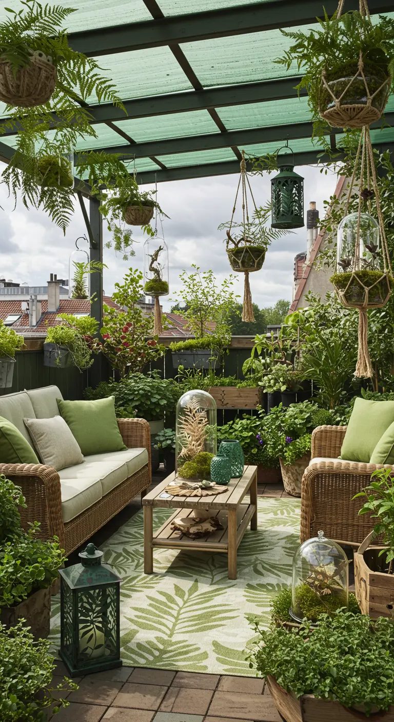 Terrasse verdoyante avec salon en osier, coussins verts, nombreuses fougères et plantes suspendues, tapis à motifs de feuilles de palmier.