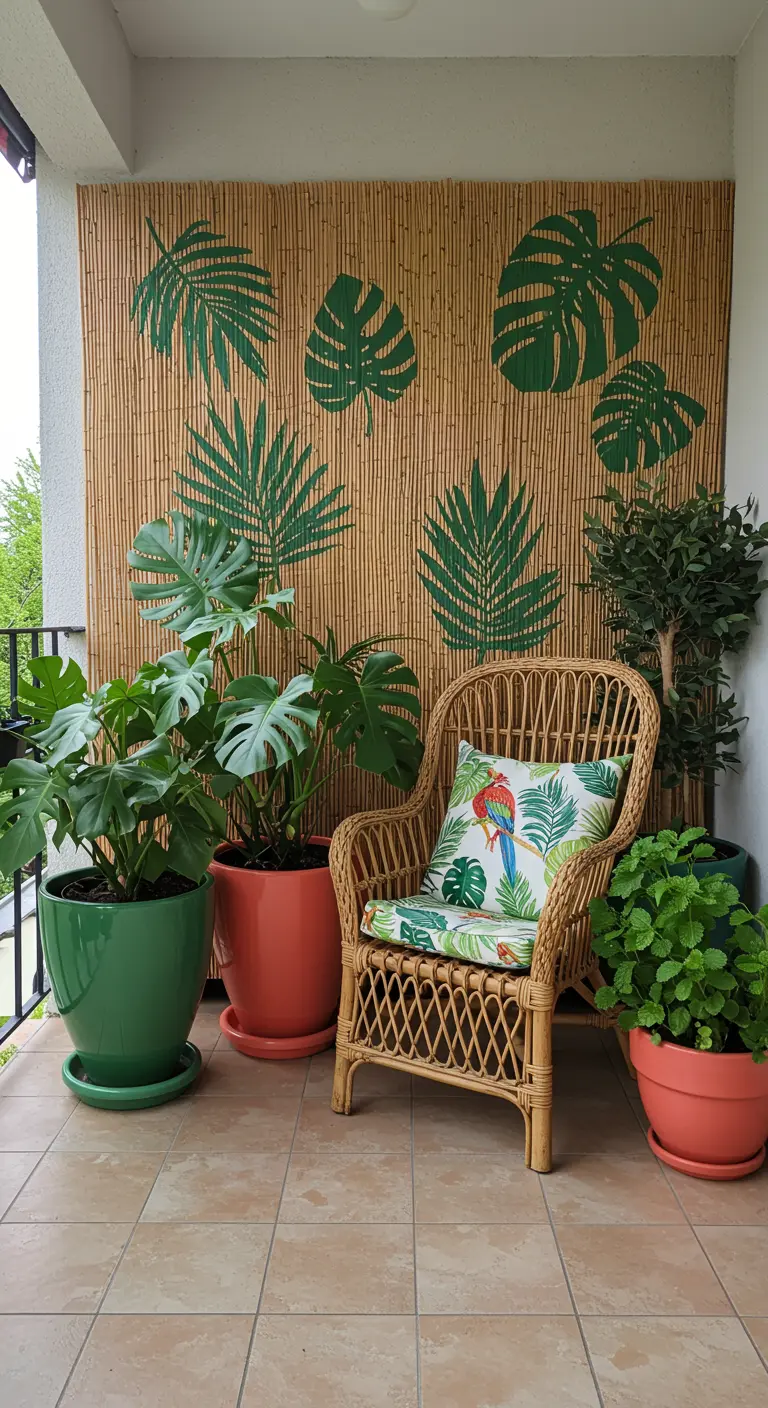 Paravent en bambou décoré de motifs de feuilles tropicales peintes au pochoir.