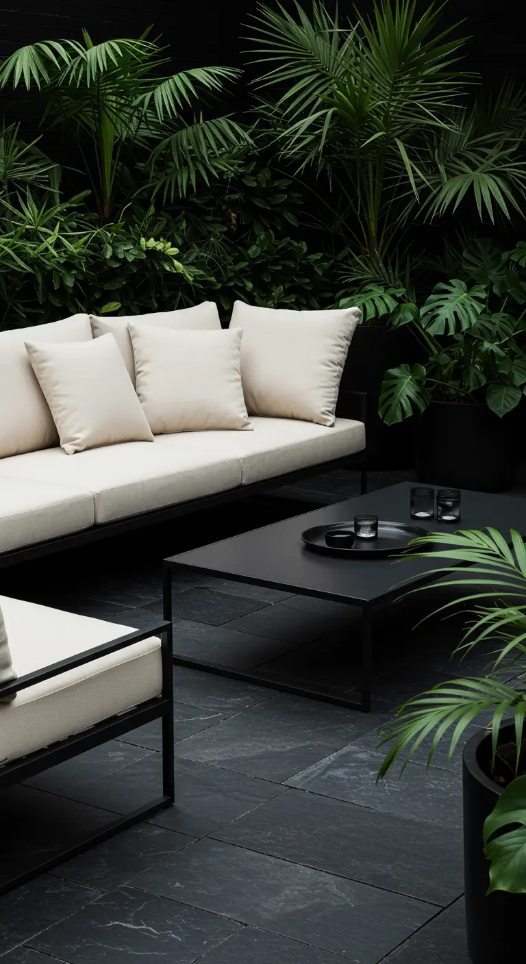 Salon de jardin noir et écru au milieu d'une végétation tropicale dense.