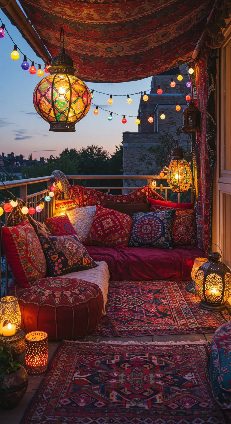 Balcon bohème très coloré avec des tissus, des tapis et une lanterne en verre teinté