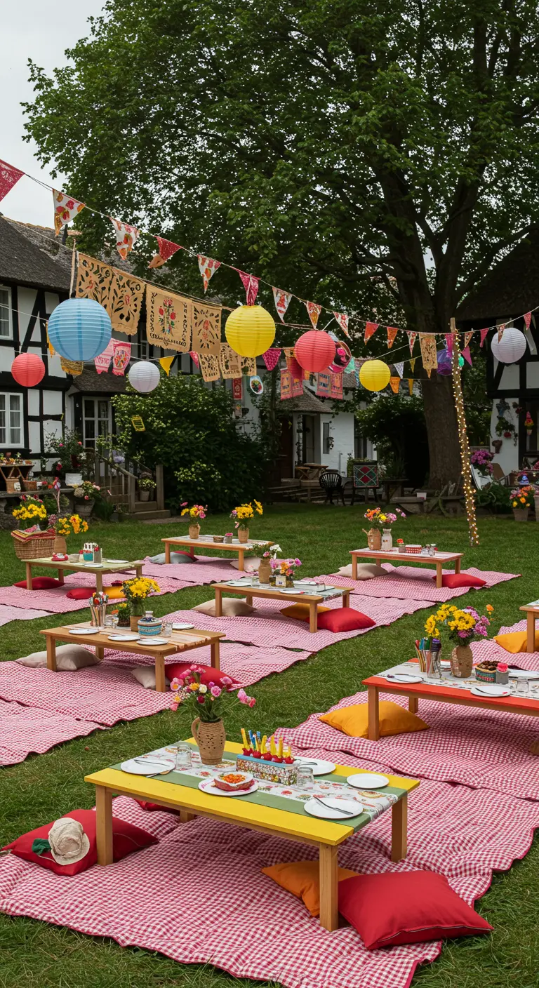 Pique-nique festif dans un jardin de village, nappes vichy, lampions colorés.