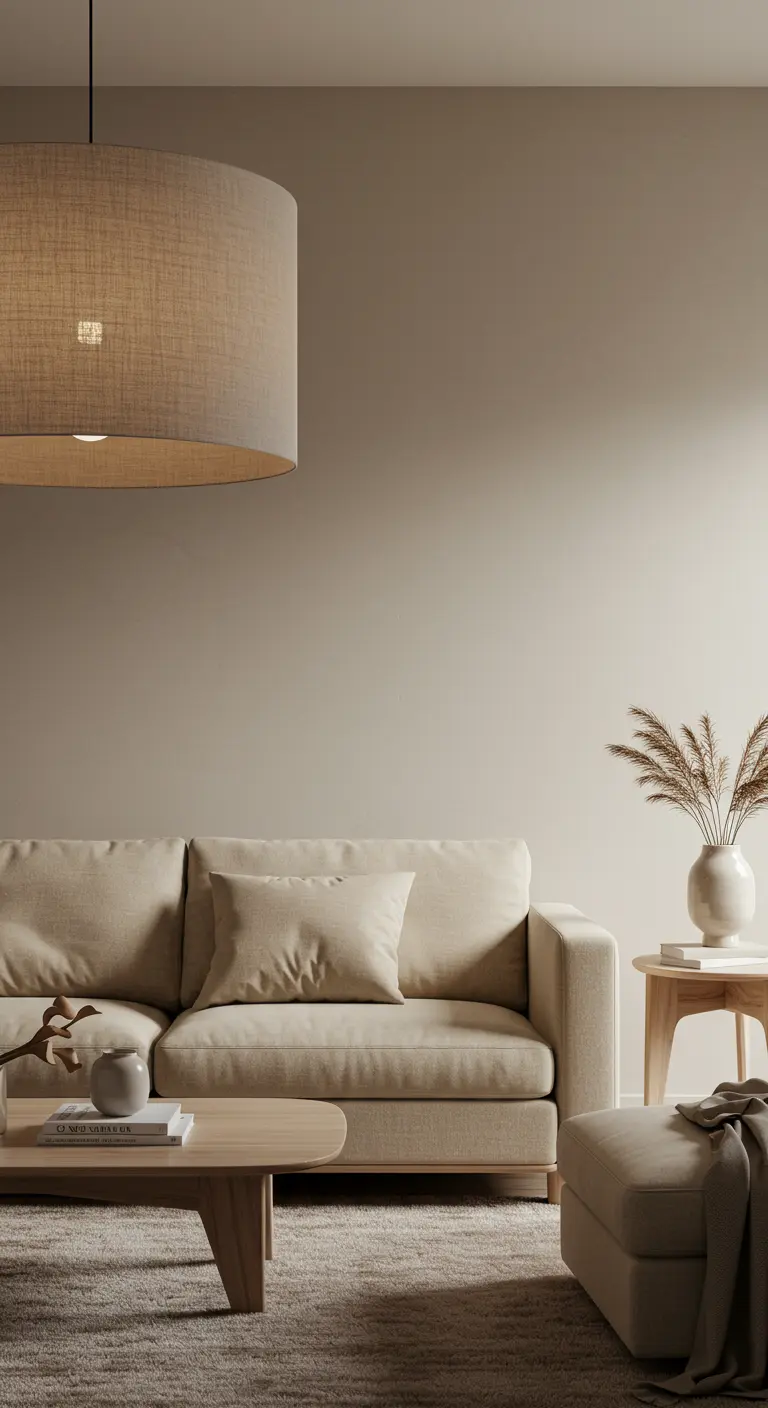 Grande suspension cylindrique en tissu beige au-dessus d'un canapé et d'une table basse en bois.