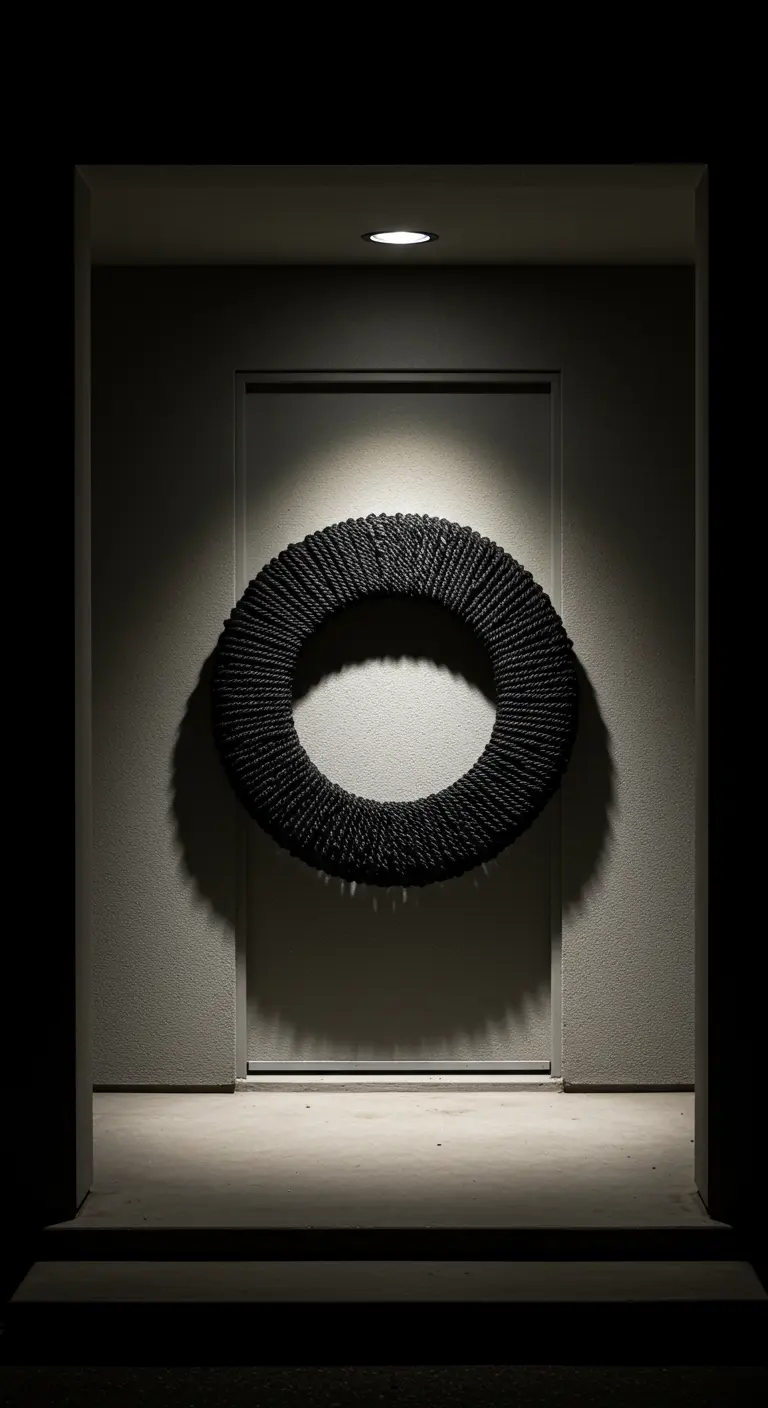 Couronne minimaliste en corde noire sur une porte, éclairée par un projecteur.