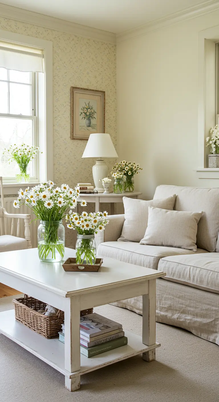 Salon de style cottage avec plusieurs vases de marguerites sur la table basse