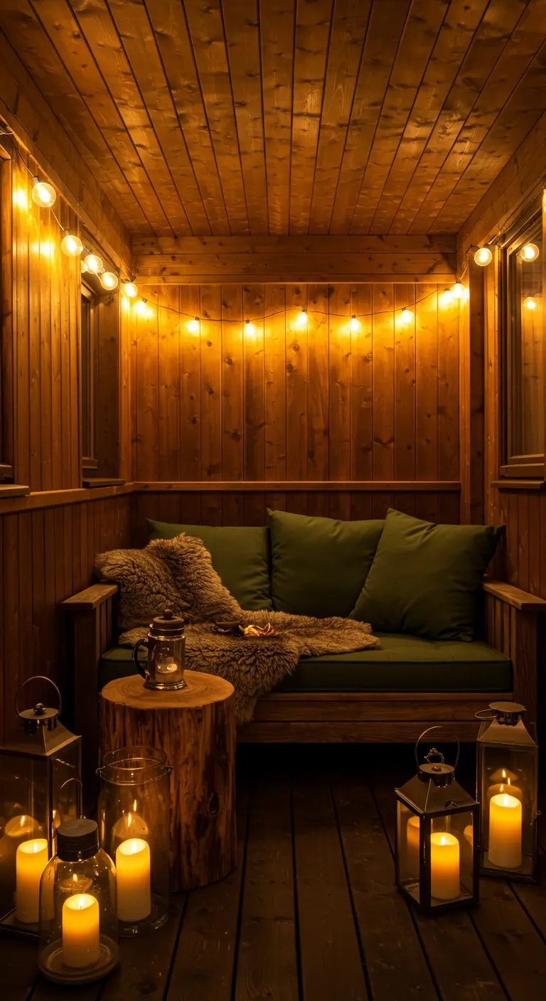 Balcon couvert tout en bois avec banquette, coussins verts, fausse fourrure, table en rondin et lanternes.